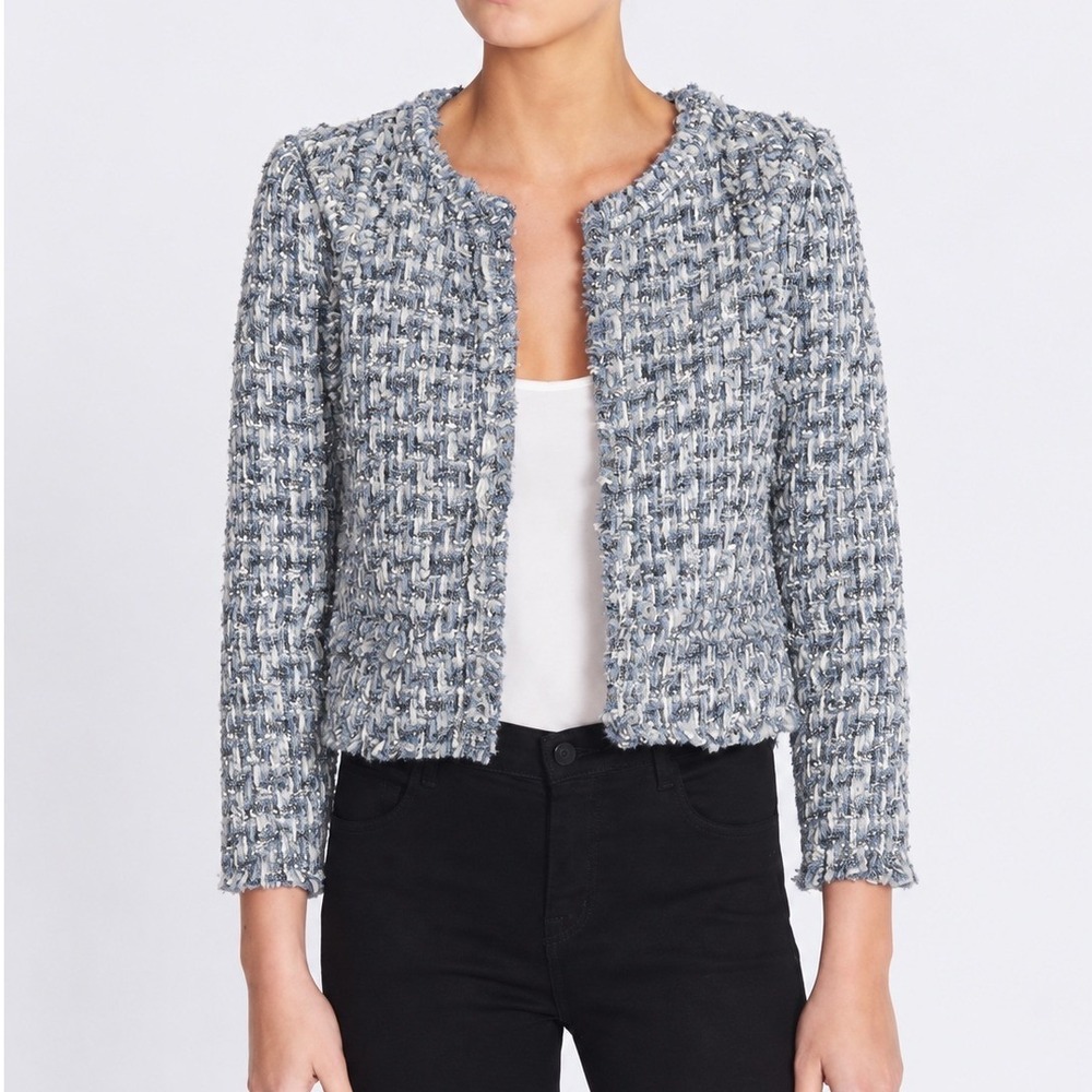 IRO Disco Tweed Jacket Womens Open Front Boucle Blue Grey Size M French Girl